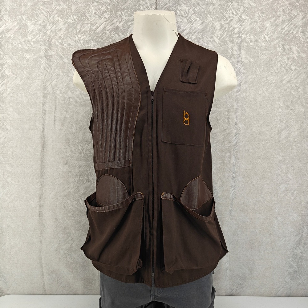 Vintage Bob Allen Shooting Vest Mens Medium Brown Leather Trim Padded Full Zip